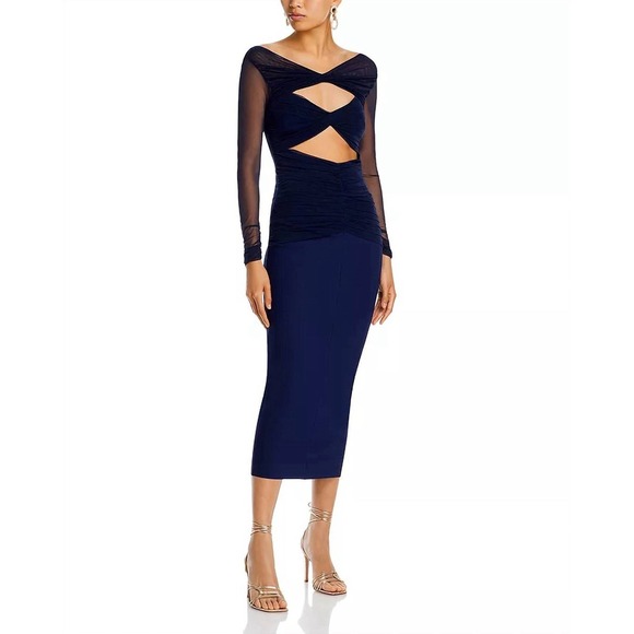 Chiara Boni Leitha Illusion Midi Dress Sz 8 Navy Cutout Ruched Sheer Sleeves